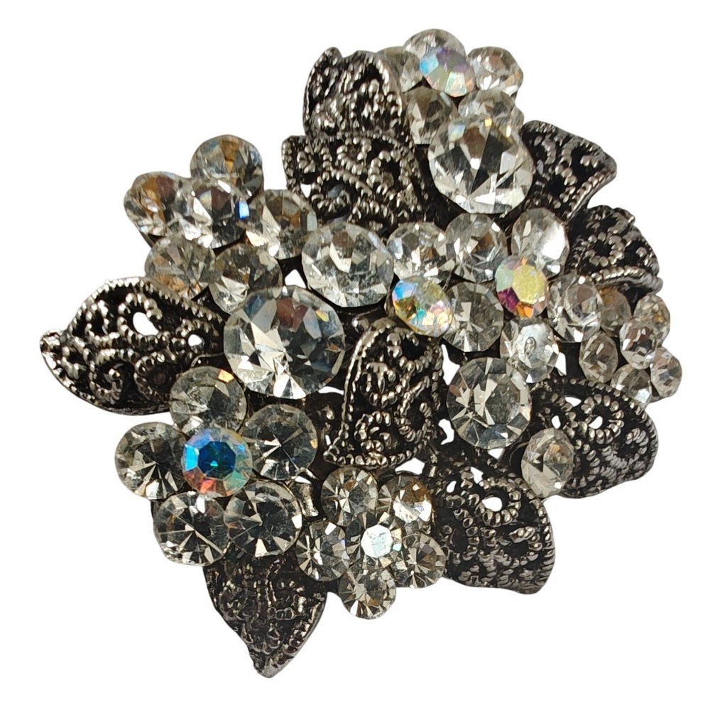 Brooch Silver Tone Clear Aurora Borealis Rhinestone Floral Leaf Vintage Style